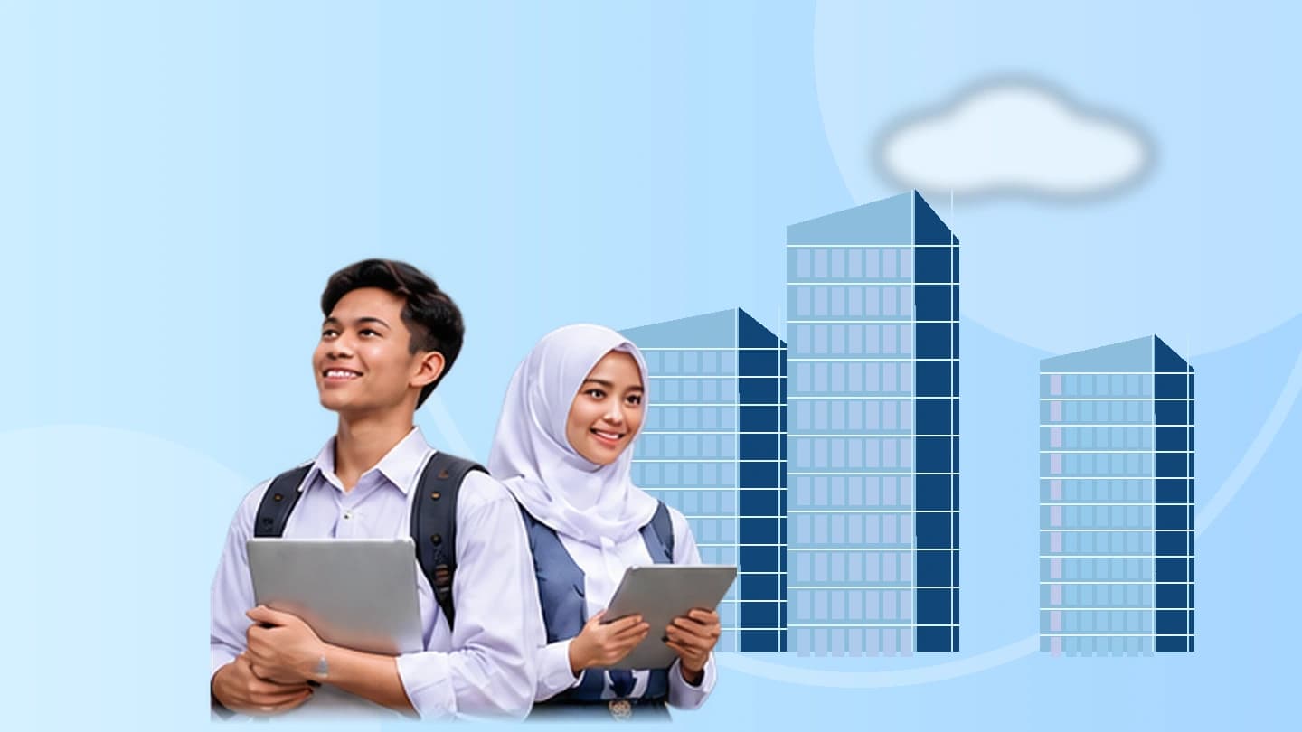 Ilustrasi dua pelajar membawa laptop untuk persiapan ujian